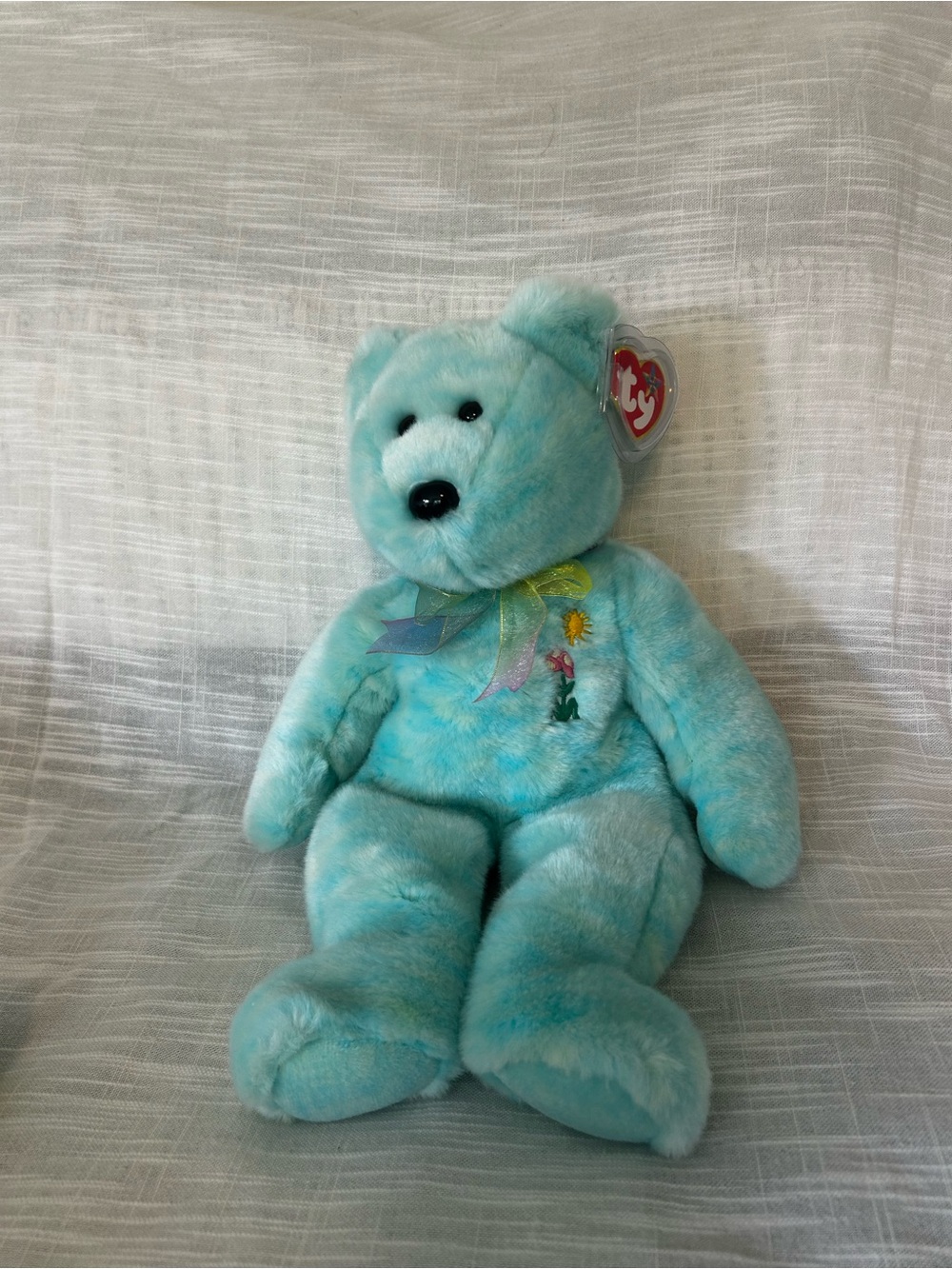 Ty Aqua Plush Teddy Bear with Ribbon and Flower Embroidery